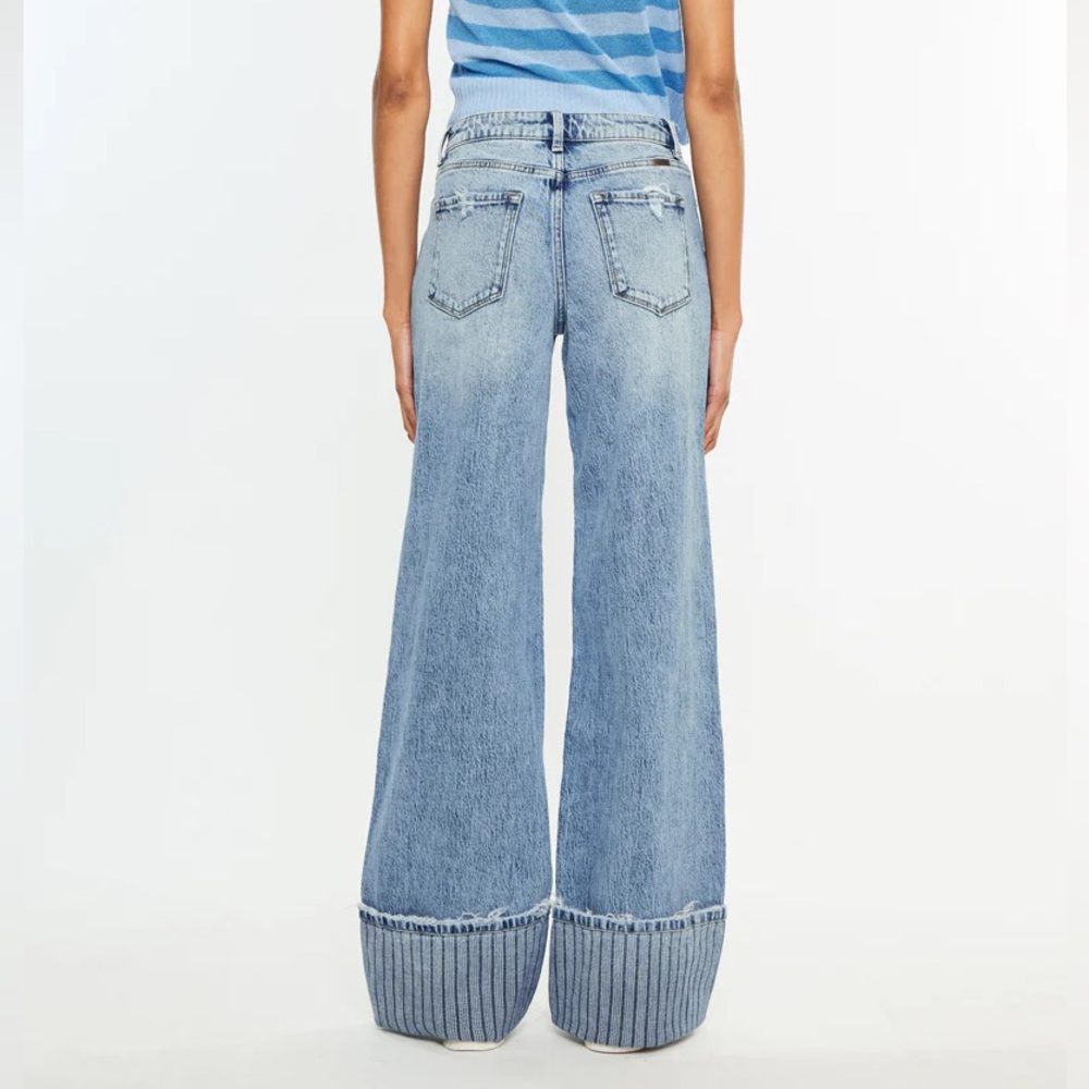 NWT KanCan High Rise Wide Leg Jeans Stripe Cuff Size 29 Medium Wash Flare - Picture 6 of 7